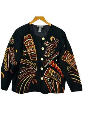 Indigo Moon Corduroy Embroidered Jacket Blazer Boho Art To Wear Global Earthy